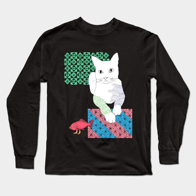 Cat with a walking fish Long Sleeve T-Shirt by Nagisa